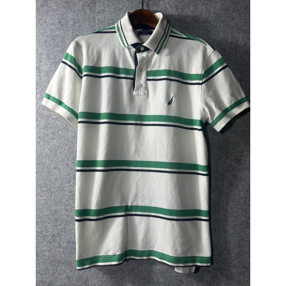 Nautica Slim Fit Polo Shirt Men's Large White Green Navy Striped Preppy 90s Y2K